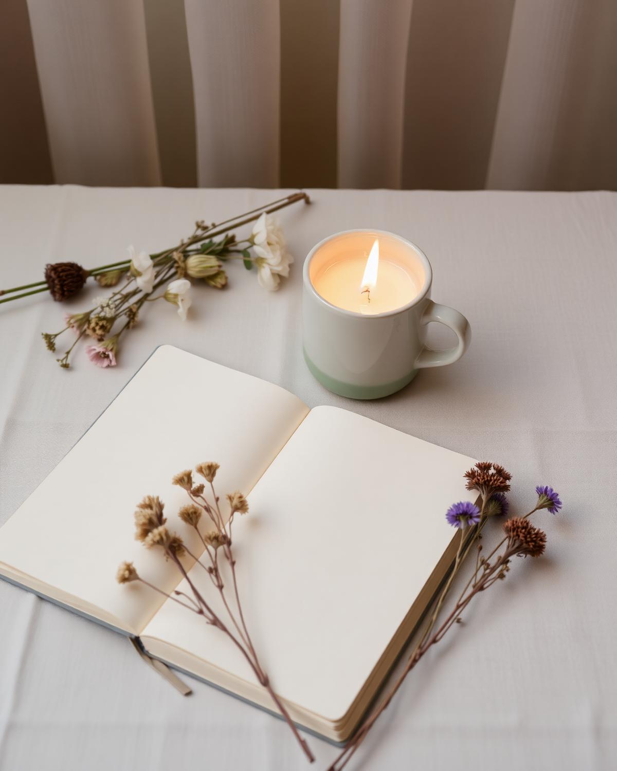Candle, journal and tea on linen